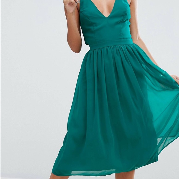 asos deep plunge pearl back midi dress